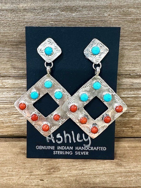 ERN117- Navajo Turquoise & Coral By Ashley Earrings 