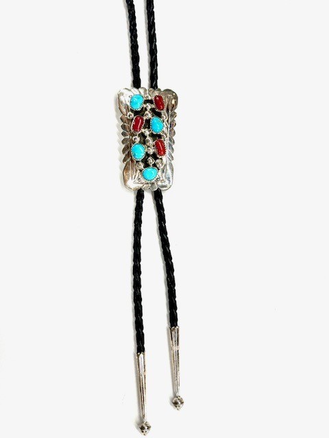 BT4- Navajo Turquoise & Coral Bolo Tie 